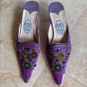 Emma Hope's Purple Velvet Embroidered Pointed-Toe Mules